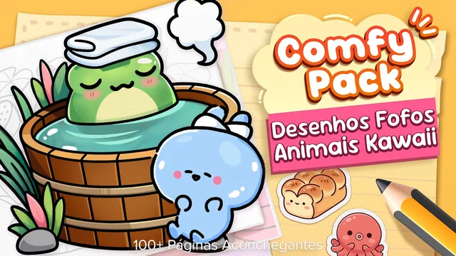 Capa de Comfy Pack: Desenhos Fofos e Animais Kawaii — 100+ Páginas Aconchegantes