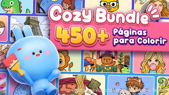 Capa de Cozy Bundle: 450+ Páginas para Colorir + todos os Autocolantes, Paletas e Telas